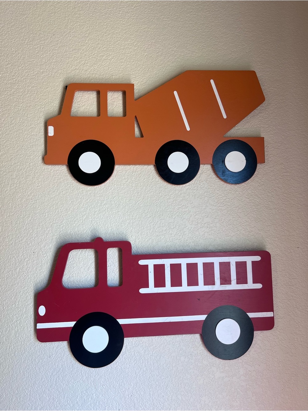 Wooden Orange Dump Truck & Red Fire Truck Wall Decor